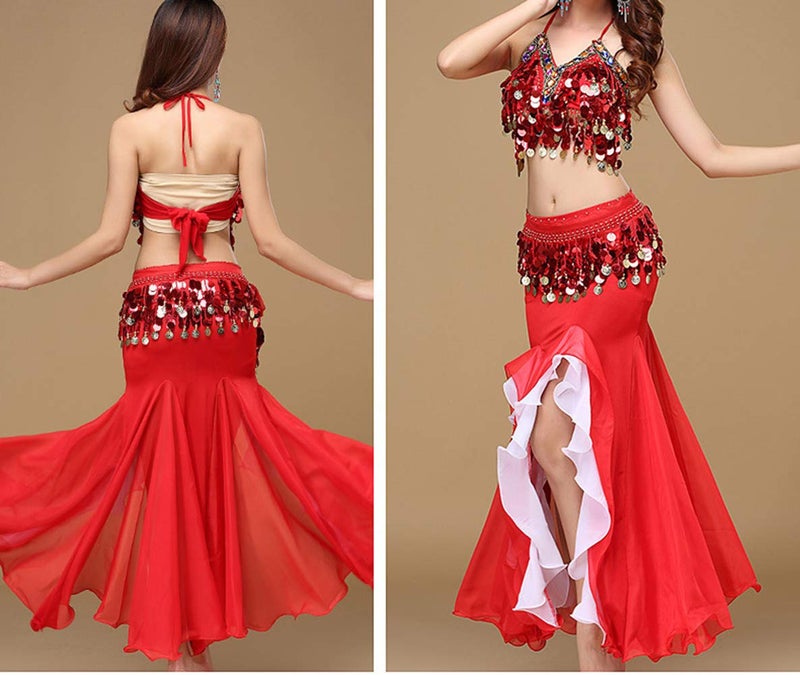 ORIDOOR Women's Belly Dance Dress Set - Red, One Size - Bra Top, Waist Belt, Chiffon Skirt - 35.5" Length - Hand Wash Only - Image 3